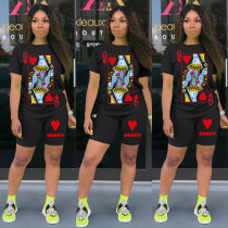 Plus Size Poker Print Two Piece Shorts Set SHD-9270