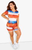 Plus Size Tie Dye O Neck Two Piece Shorts Set LX-2070