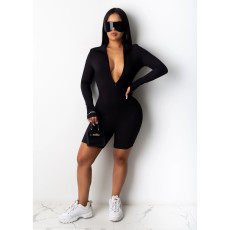 Solid Embroidery Long Sleeve Zipper Skinny Rompers CHY-1237
