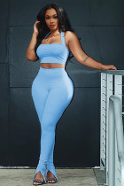 Solid Halter Crop Top Split Pants Two Piece Sets MEI-9095