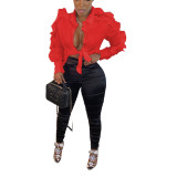 Sexy Ruffled Long Sleeve Blouse Tops YIM-8077