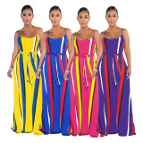Colorful Stripe Sashes Loose Long Slip Dress SMR-9304