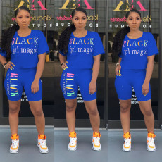 Plus Size Letter Print Casual Two Piece Shorts Set YM-9136