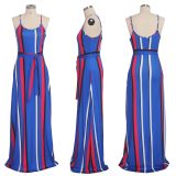 Colorful Stripe Sashes Loose Long Slip Dress SMR-9304