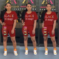 Plus Size Letter Print Casual Two Piece Shorts Set YM-9136