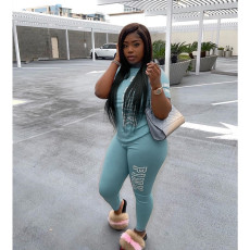 Plus Size Pink Letter Print Short Sleeve Two Piece Pants Set YIM-8101-1