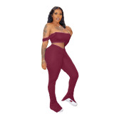 Solid Crop Top Split Stacked Pants Sexy 2 Piece Sets YIM-8095