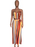 Colorful Striped Sashes Loose Maxi Slip Dress XMY-9034