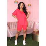 Solid V Neck T Shirt Shorts Two Piece Sets XMY-9239