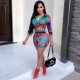 Floral Print Blouse Top Mini Skirt Two Piece Sets XMY-9064