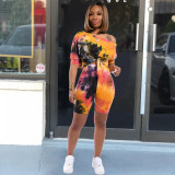 Tie Dye Print Oblique Shoulder Two Piece Shorts Set XMY-9235