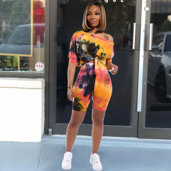 Tie Dye Print Oblique Shoulder Two Piece Shorts Set XMY-9235