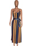 Colorful Striped Sashes Loose Maxi Slip Dress XMY-9034