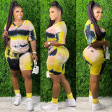 Plus Size 5XL Tie Dye V Neck Two Piece Shorts Set XMY-9250