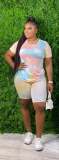 Plus Size 5XL Tie Dye Short Sleeve 2 Piece Shorts Set XMY-9248
