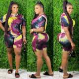 Plus Size 5XL Tie Dye Short Sleeve 2 Piece Shorts Set XMY-9248