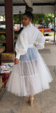 Fashion Sexy Solid Color Mesh Stitching Long Sleeve Dress (Without Belt)LS-0315
