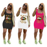 Plus Size Lips Letter Print Sleeveless Mini Tank Dress FSL-091