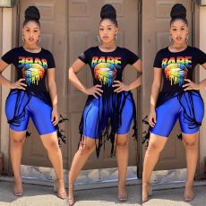 Lips Print Tassel Short Sleeve O Neck T Shirt FSL-098