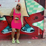 Plus Size Lips Letter Print Sleeveless Mini Tank Dress FSL-091
