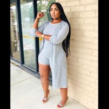 Plus Size Solid Rib Sleeveless Romper+Long Cloak 2 Piece Sets MDF-5153