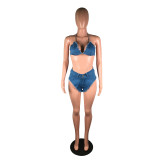 Sexy Denim Bra Top Mini Shorts Two Piece Sets BS-1214