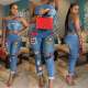 Casual Sexy Cartoon Patch Spaghetti Straps Crop Top Jeans Pants Suit OSM-3283