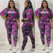 Plus Size Camo Print Letter Two Piece Pants Set OSM-4209