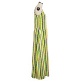 Colorful Striped V Neck Spaghetti Strap Loose Maxi Dress SMR-9661