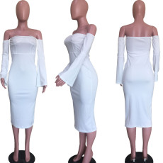 White Long Sleeve Slash Neck Slim Midi Dress ORY-5164