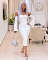 White Long Sleeve Slash Neck Slim Midi Dress ORY-5164