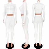 Solid Rib Embroidery Zipper Long Sleeve 2 Piece Sets ASL-6286