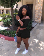 Plus Size Solid Sexy Off Shoulder Two Piece Shorts Set YIM-134