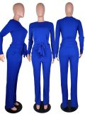 Solid Rib Long Sleeve Two Piece Pants Set WSM-5185