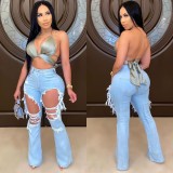 Denim Ripped Hole Long Flare Jeans ORY-5165