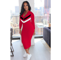 Plus Size Casual Zipper Long Sleeve Slim Midi Dress OM-1162