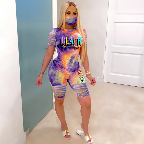 Plus Size Fashion Casual Tie-dye Letter Print Two Piece Set With Mask LUO-3098