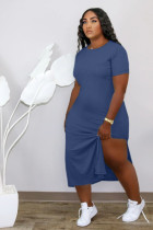 Solid O Neck Short Sleeve Split Midi Dress HM-6332