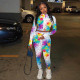 Tie Dye Long Sleeve Zipper Two Piece Pants Set TE-4095