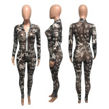 Mesh Printed Sexy Long Sleeve Slim Fit Jumpsuit NIK-171