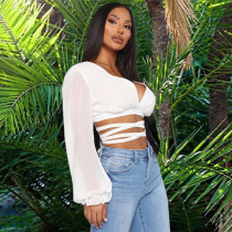 Sexy Chiffon Long Sleeve Deep V Neck Crop Tops GLF-8017
