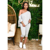 Solid Oblique Collar Cropped Pants Two Piece Sets YIM-139