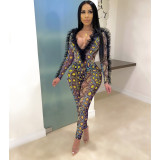 Snake Print Mesh See Through Bodysuit And Pants Set LM-8180