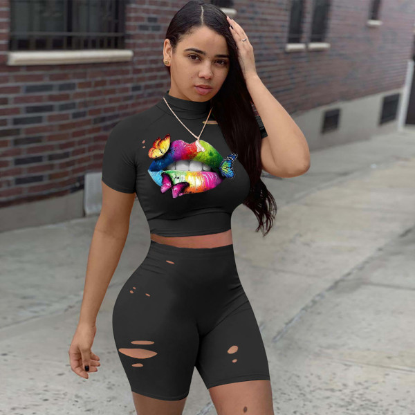 Butterfly Lips Print T-shirt Tops Hole Shorts Tracksuit Two Piece Set DMF-8136