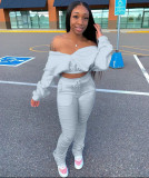 Plus Size Fashion Casual Solid Color Long Sleeve Crop Top And Pants Two Piece Set LSD-8768