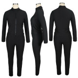 Solid Long Sleeve Zipper Two Piece Pants Set TE-4114