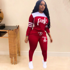 Pink Letter Print Hooded Two Piece Pants Set TK-6059