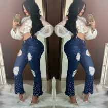 Denim Pearls Beading Ripped Hole Flared Jeans HSF-2228