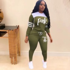 Pink Letter Print Hooded Two Piece Pants Set TK-6059