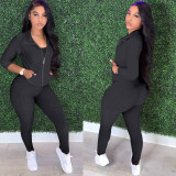 Solid Long Sleeve Zipper Two Piece Pants Set TE-4114